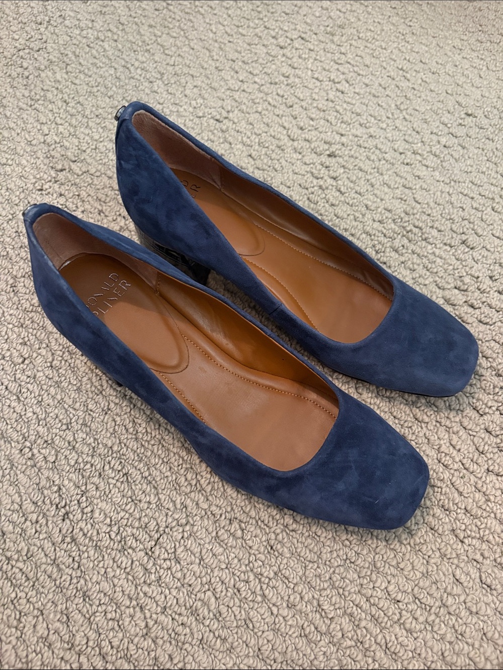 Donald J. Pliner Navy Suede Square Toe Low Heel Pumps